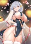  azur_lane bangs bare_shoulders blurry blurry_background braid breast_curtains breasts cherry_blossoms china_dress chinese_clothes cleavage cyicheng dress floral_print flower garter_straps gloves grey_dress hair_between_eyes hair_flower hair_ornament half_gloves large_breasts looking_at_viewer neckwear_between_breasts parted_lips pelvic_curtain red_eyes revealing_clothes sheer_clothes short_dress short_hair side_braid sideboob sirius_(azur_lane) sirius_(azure_horizons)_(azur_lane) solo thighs tree_branch white_gloves white_hair white_legwear 