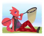  2020 ambiguous_gender animal_crossing anthro butterfly_net chameleon choker churroshiba clothed clothing curled_tail flick_(animal_crossing) footwear half-closed_eyes hi_res horn jewelry lizard narrowed_eyes necklace nintendo piercing reptile scalie side_view sitting solo video_games zuriku 