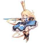  1girl armored_boots bangs black_footwear black_legwear blonde_hair blue_dress blue_eyes blush boots breastplate charlotta_fenia chibi crown dress eyebrows_visible_through_hair full_body gauntlets granblue_fantasy hair_between_eyes highres holding holding_sword holding_weapon karukan_(monjya) long_hair looking_at_viewer mini_crown outstretched_arms parted_lips puffy_short_sleeves puffy_sleeves short_sleeves simple_background solo spread_arms standing sword thigh_boots thighhighs v-shaped_eyebrows very_long_hair weapon white_background 