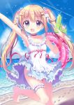  1girl :d arm_up bangs bare_arms bare_shoulders barefoot beach blonde_hair blue_eyes blue_flower blush bow braid collarbone commentary_request dress eyebrows_visible_through_hair flower frilled_dress frills hair_between_eyes hair_bow hair_flower hair_ornament highres horizon innertube long_hair moe2020 ocean open_mouth original outstretched_arm pink_flower polka_dot red_bow red_ribbon ribbon riria_(happy_strawberry) sand sleeveless sleeveless_dress smile solo standing standing_on_one_leg transparent twintails very_long_hair water water_gun white_bow white_dress 