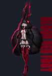  1girl absurdres animal_ears animal_hood black_background black_coat blood breasts bunny bunny_tail chain coat demon_girl electricity fake_animal_ears fur_coat hair_over_eyes hands_in_pockets high_heels highres hood hood_up jewelry necklace original parted_lips pink_lips red_eyes simple_background solo standing tail wei_(kaminari0411) white_hair 