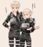  1boy 1girl annie_leonhardt armin_arlert belt blonde_hair blue_eyes chin_stroking emblem height_difference logo long_sleeves open_mouth paradis_military_uniform ponytail shingeki_no_kyojin short_hair strap survey_corps survey_corps_(emblem) talking thigh_strap thinking three-dimensional_maneuver_gear tied_hair tonshi uniform 