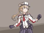  1girl adrian_ferrer black_gloves black_legwear black_skirt blonde_hair capelet commentary cowboy_shot english_commentary flat_chest gloves graf_zeppelin_(kantai_collection) grey_background grey_eyes hair_between_eyes hat kantai_collection looking_to_the_side military military_uniform multicolored multicolored_background necktie peaked_cap pleated_skirt sidelocks skirt solo tsurime twintails uniform white_headwear 