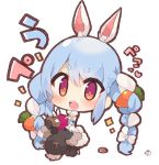  1girl animal_ear_fluff animal_ears bangs bare_shoulders black_gloves blonde_hair blush bow braid brown_eyes bunny_ears carrot_hair_ornament chibi commentary_request dress eyebrows_visible_through_hair food_themed_hair_ornament fur-trimmed_dress fur-trimmed_gloves fur_trim gloves hair_between_eyes hair_bow hair_ornament hololive long_hair multicolored multicolored_eyes multicolored_hair muuran open_mouth purple_eyes short_eyebrows signature simple_background solo strapless strapless_dress thick_eyebrows translation_request twin_braids twintails two-tone_hair upper_teeth usada_pekora very_long_hair virtual_youtuber white_background white_bow white_dress white_hair 