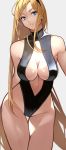  1girl 55level bangs bare_shoulders black_swimsuit blonde_hair blue_eyes breasts cleavage cleavage_cutout commentary_request hair_ornament hairband hairclip highleg highleg_swimsuit highres large_breasts lips long_hair looking_at_viewer original parted_lips simple_background smile solo swimsuit thighs turtleneck white_background 