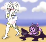  5_fingers assisted_exposure beach bikini blush butt canid canine canis clothing cloud covering covering_crotch covering_self duo embarrassed female fingers fur hair hi_res mammal pantsing purple_body purple_fur sand seaside shinragod short_hair short_tail surprise swimwear water white_body white_fur wolf 