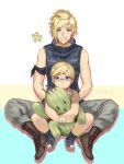  arm_scarf blonde_hair blue_eyes boots dual_persona final_fantasy final_fantasy_xv glasses looking_at_viewer prompto_argentum sabotender sasanomesi sitting sitting_on_lap sitting_on_person sleeveless smile stuffed_toy wristband younger 
