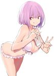  1girl absurdres bangs bare_shoulders bikini blush breasts cellphone cleavage closed_mouth collarbone hands_up highres jikatarou large_breasts lavender_hair leaning_forward licking_lips looking_at_viewer navel phone red_eyes shinjou_akane short_hair simple_background smile solo ssss.gridman strap_pull swimsuit thighs tongue tongue_out white_background white_bikini 