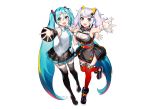  2girls aqua_eyes aqua_hair boots breasts cleavage crossover dress hatsune_miku japanese_clothes kaguya_luna long_hair microphone mika_pikazo skirt the_moon_studio thighhighs tie twintails vocaloid white_hair wristwear zettai_ryouiki 