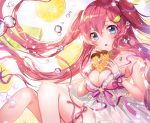  applecaramel_(acaramel) blue_eyes blush breasts bubbles chocolate choker cleavage cropped food fruit long_hair orange_(fruit) original red_hair ribbons see_through twintails underwater water wristwear 