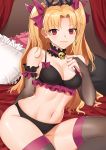  1girl abs absurdres arm_ribbon bangs bare_shoulders bed black_bra black_panties blonde_hair blush bra breasts bridal_gauntlets canopy_bed choker cleavage closed_mouth collarbone commentary earrings elbow_gloves ereshkigal_(fate/grand_order) eyebrows_visible_through_hair fate/grand_order fate_(series) gloves hair_ribbon highres jewelry lace lace-trimmed_bra lingerie long_hair looking_at_viewer medium_breasts navel on_bed panties pillow reclining red_eyes red_ribbon ribbon shiny shiny_skin skull_choker smile solo thighhighs thighs tiara toned two_side_up underwear woshikun01 