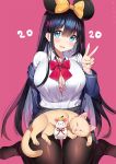  1girl 2020 animal_ears animal_on_lap ayamy bangs black_hair black_legwear blue_eyes blue_jacket blush bow bow_bra bowtie bra breasts bursting_breasts cat chinese_zodiac cleavage commentary dress_shirt fake_animal_ears fang grey_skirt hair_bow hair_ornament head_tilt jacket large_breasts long_hair long_sleeves miniskirt mouse mouse_ears new_year no_shoes off_shoulder original pantyhose pink_background pink_bra pleated_skirt red_neckwear shirt simple_background skin_fang skirt solo underwear v white_shirt wing_collar x_hair_ornament year_of_the_rat yellow_bow 