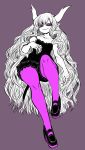  1girl absurdres bare_shoulders highres juugoya_(zyugoya) long_hair muscle muscular_female musuko_ga_kawaikute_shikatanai_mazoku_no_hahaoya nightmare_(musuko_ga_kawaikute_shikatanai_mazoku_no_hahaoya) pointy_ears purple_background purple_eyes purple_legwear smile 