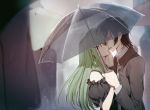  1boy 1girl black_hair black_jacket black_umbrella brown_eyes c.c. code_geass collared_shirt couple creayus eye_contact from_side green_hair hair_between_eyes highres holding holding_umbrella imminent_kiss jacket lelouch_lamperouge long_hair long_sleeves looking_at_another open_clothes open_jacket outdoors parted_lips rain shared_umbrella shirt short_sleeves transparent transparent_umbrella umbrella upper_body white_shirt wing_collar 