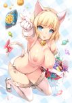  1girl animal_ears armpits bare_shoulders bell bikini blonde_hair blue_eyes bow breasts candy candy_wrapper cat_ears cat_tail choker cleavage elbow_gloves emily_(pure_dream) fake_animal_ears food fur_trim gloves hairband jingle_bell kneeling large_breasts lollipop looking_at_viewer navel nipples original outstretched_arm sandals short_hair side-tie_bikini solo stomach swimsuit swirl_lollipop tail tail_bow thighhighs tongue tongue_out white_bikini white_gloves white_legwear 