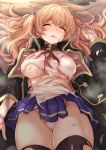  1girl black_coat black_legwear blonde_hair blue_skirt breasts closed_eyes commentary_request cowboy_shot damaged eyebrows_visible_through_hair from_above granblue_fantasy hair_between_eyes hat hat_removed headwear_removed highres kztk large_breasts long_hair monika_weisswind open_mouth panties pantyshot red_neckwear shingeki_no_bahamut shirt skirt solo thighhighs torn_clothes torn_legwear torn_panties torn_shirt torn_skirt torn_sleeves twintails underwear wavy_hair white_panties 