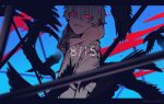  1boy amamiya_hibiya bird blood blue_background crow dated half-closed_eyes highres kagerou_days_(vocaloid) kagerou_project letterboxed looking_at_viewer male_focus nanora_(sero4) red_eyes shirt short_sleeves simple_background sleeveless sleeveless_shirt smile upper_body vest 