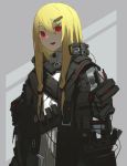  1girl asteroid_ill black_coat blonde_hair coat collared_shirt hair_ornament hairclip highres iris_(asteroid_ill) long_hair long_sleeves looking_at_viewer neon_trim number open_clothes open_coat open_mouth original red_eyes shirt smile solo wire 