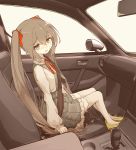  1girl blush bow car_interior dress from_side hair_bow hatsune_miku highres long_hair minoco open_mouth peeing peeing_self puddle seatbelt sidelocks sitting sweat tears thighhighs twintails very_long_hair vocaloid yellow_footwear 