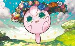  blue_flower blue_rose blue_sky cloud cloudy_sky creature day flower gen_1_pokemon grass green_eyes jigglypuff jumping looking_at_viewer no_humans official_art outdoors petals pink_flower pink_rose pokemon pokemon_(creature) pokemon_trading_card_game rose sky solo third-party_source yumi_(poketcg) 
