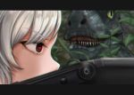  2girls aiming artist_request dinosaur girls_frontline grey_hair gun jungle jurassic_park multiple_girls nature parody red_eyes sharp_teeth shotgun spas-12 spas-12_(girls_frontline) teeth velociraptor weapon 