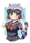  1girl alternate_costume animal_ears blue_hair blush brown_eyes commentary_request common_raccoon_(kemono_friends) cowboy_shot eyebrows_visible_through_hair grey_hair highres kemono_friends looking_at_viewer multicolored_hair navy_blue_shirt navy_blue_skirt neckerchief ngetyan pleated_skirt raccoon_ears raccoon_girl raccoon_tail red_neckwear school_uniform serafuku short_sleeves skirt solo tail white_hair 