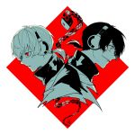  2boys back-to-back black_hair dark_konoha diamond_(shape) evil_smile headphones highres kagerou_project konoha_(kagerou_project) low_ponytail male_focus multiple_boys nanora_(sero4) parted_lips red_eyes smile snake upper_body white_hair 