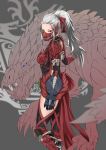  1girl bow bow_(weapon) breastplate breasts crossbow dragon face_mask gauntlets greaves hair_pulled_back highres long_hair mask medium_breasts monster monster_hunter monster_hunter:_world nostrils odogaron odogaron_(armor) pauldrons ponytail red_bow red_eyes silver_hair spikes valthazeryus weapon wyvern 
