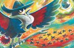  bird bird_focus branch brown_eyes claws flying gen_4_pokemon honchkrow komiya_tomokazu official_art pokemon pokemon_trading_card_game solo_focus standing 