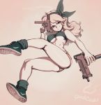  1girl bare_shoulders blonde_hair blue_eyes breasts curly_hair dark_persona dragon_ball dragon_ball_(classic) dual_wielding full_body gun hair_ribbon hairband highres holding holding_gun holding_weapon imi_uzi kneepits legs loose_socks lunch_(dragon_ball) machine_pistol medium_breasts ribbon sandcasket sepia shoes short_shorts shorts smile smoke smoking_gun sneakers solo strapless submachine_gun trigger_discipline tubetop underboob weapon 