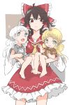  3girls :3 animal_ears barefoot black_hair blonde_hair brown_eyes carrying cloud_print collared_shirt curly_hair dual_persona gold hair_ribbon hair_tubes hakurei_reimu highres horn jeffree07 kariyushi_shirt komano_aun long_hair long_sleeves multiple_girls ribbon shirt short_sleeves shorts silver_eyes silver_hair simple_background skirt smile touhou yellow_eyes yellow_ribbon 