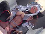 1boy 1girl arm_behind_head arm_up armpits bangs black_gloves black_legwear blue_eyes blush boris_(noborhys) breasts center_opening cleavage closed_mouth clothed_sex cowgirl_position cum cum_in_pussy dark_skin elbow_gloves elma_(xenoblade_x) girl_on_top gloves headpiece hetero highres large_breasts long_hair looking_at_viewer navel parted_bangs penis pussy sex silver_hair smile solo_focus spread_legs straddling thighhighs thighs vaginal xenoblade_(series) xenoblade_chronicles_x 