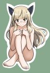  1girl animal_ears blonde_hair blush cat_ears closed_mouth crossed_legs eyebrows_visible_through_hair full_body green_background highres long_hair looking_at_viewer monousa nude perrine_h_clostermann shiny shiny_hair simple_background sitting smile solo strike_witches world_witches_series yellow_eyes 