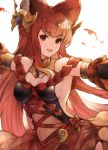  1girl :d animal_ears anthuria armpits bangs bare_shoulders black_gloves blush braid breasts cleavage detached_sleeves dress erune eyebrows_visible_through_hair gloves granblue_fantasy hair_between_eyes hair_ornament highres koretsuki_azuma long_hair looking_at_viewer medium_breasts open_mouth outstretched_arms red_dress red_eyes red_hair sideboob simple_background single_braid smile solo upper_teeth 
