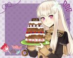  1girl cake candy closed_mouth doughnut fire_emblem fire_emblem:_three_houses flower food fruit garreg_mach_monastery_uniform hair_flower hair_ornament happy_birthday highres holding long_hair long_sleeves lysithea_von_ordelia otokajife pink_eyes plate simple_background smile solo strawberry uniform upper_body white_hair 