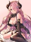  1girl asymmetrical_gloves asymmetrical_legwear bangs black_gloves black_legwear blue_eyes braid breasts cleavage draph elbow_gloves gloves granblue_fantasy hair_ornament hair_over_one_eye highres horns koretsuki_azuma large_breasts long_hair looking_at_viewer narmaya_(granblue_fantasy) pointy_ears purple_hair single_braid single_elbow_glove single_thighhigh sitting sleeveless smile solo thigh_strap thighhighs very_long_hair wariza 