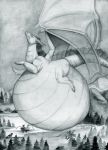  2019 after_vore belly big_belly dragon flying hi_res horn hyper hyper_belly lake male monochrome mountain overweight simple_background solo traditional_media_(artwork) unknown_artist vore wings 