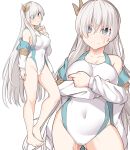  1girl anastasia_(fate/grand_order) bangs bare_shoulders blue_eyes breasts check_character collarbone covered_navel eyebrows_visible_through_hair eyes_visible_through_hair fate/grand_order fate_(series) full_body hair_over_one_eye hairband jacket large_breasts long_hair looking_at_viewer multiple_views off-shoulder_jacket shiseki_hirame silver_hair simple_background swimsuit very_long_hair white_background white_jacket white_swimsuit 