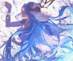  1girl azura_(fire_emblem) blue_hair closed_eyes detached_sleeves dress english_commentary fingerless_gloves fire_emblem fire_emblem_fates fire_emblem_heroes from_side gloves jef_(fe89392148) long_hair open_mouth splashing standing veil very_long_hair water white_dress 