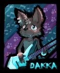  2020 abstract_background absurd_res anthro bass_guitar black_body black_fur blue_eyes blush canid canine canis cub dakka dakkawoof ear_piercing ear_ring fangs fur guitar head_tuft hi_res looking_at_viewer male mammal musical_instrument name_badge piercing plucked_string_instrument smile string_instrument tuft wolf young 