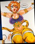  1girl animal_ears armlet bottomless breasts breath_of_fire breath_of_fire_ii bustier cat_girl cleavage commentary english_commentary fang fur gloves highres legs_together looking_at_viewer marker_(medium) medium_breasts one_eye_closed open_mouth orange_hair outstretched_arms photo rinpoo_chuan robert_porter seiza short_hair sitting sleepy slit_pupils solo tail thick_thighs thighs tiger_ears tiger_stripes tiger_tail traditional_media whisker_markings yawning 