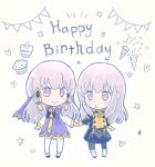  2girls age_comparison chibi closed_mouth cupcake dress dual_persona fire_emblem fire_emblem:_three_houses food garreg_mach_monastery_uniform hair_ornament happy_birthday holding_hands long_hair long_sleeves lysithea_von_ordelia multiple_girls open_mouth rimooo_n simple_background smile uniform white_background white_hair 