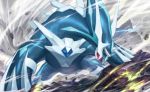  creature dialga fangs full_body gen_4_pokemon legendary_pokemon looking_to_the_side nagimiso no_humans official_art outdoors pokemon pokemon_(creature) pokemon_trading_card_game red_eyes rock solo standing third-party_source wind 