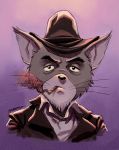  anthro clothed clothing coat domestic_cat fedora felid feline felis fur grey_body grey_fur hat headgear headwear hi_res juanito_medina looking_at_viewer male mammal noir shirt simple_background smoke smoking tired topwear 