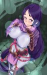  1girl bangs black_gloves bodysuit breasts covered_navel covered_nipples curvy fate/grand_order fate_(series) fingerless_gloves gloves highres large_breasts loincloth long_hair looking_at_viewer low-tied_long_hair minamoto_no_raikou_(fate/grand_order) parted_bangs purple_bodysuit purple_eyes purple_hair ribbed_sleeves rope solo very_long_hair zetsu_(zyej5442) 