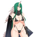  1girl arknights arm_behind_back arm_ribbon ass_visible_through_thighs bangs bare_arms bare_shoulders bikini black_bikini black_gloves black_ribbon black_scarf commentary_request cowboy_shot eyebrows_visible_through_hair gloves green_hair grey_eyes groin hair_over_one_eye highleg highleg_bikini horn hoshiguma_(arknights) long_hair navel open_mouth ribbon scarf shuugetsu_karasu side-tie_bikini solo standing stomach swimsuit thighs very_long_hair white_background 