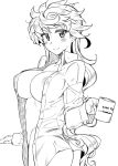  1girl alternate_costume areola_slip areolae arm_support ass asymmetrical_hair blouse coffee_mug collared_shirt commentary_request cowboy_shot cup eyelashes from_behind greyscale kantai_collection kusanagi_tonbo long_hair looking_at_viewer messy_hair monochrome mug no_bra no_panties open_blouse open_clothes puffy_nipples reaching_out shirt smile tareme thighs unryuu_(kantai_collection) very_long_hair wavy_hair 