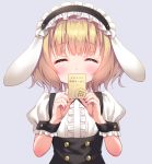  1girl animal_ears bangs blonde_hair blunt_bangs blush bunny_ears center_frills chitosezaka_suzu closed_eyes commentary eyebrows_visible_through_hair facing_viewer fake_animal_ears fleur_de_lapin_uniform floppy_ears gochuumon_wa_usagi_desu_ka? grey_background headdress kirima_sharo puffy_short_sleeves puffy_sleeves short_hair short_sleeves simple_background solo translated upper_body waitress wrist_cuffs 