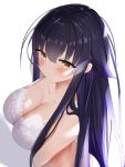  1girl absurdres azuma_(azur_lane) azur_lane backlighting blush bra breasts cleavage collarbone eyebrows_visible_through_hair firin hair_between_eyes hair_flaps highres lace lace_bra large_breasts panties purple_hair sidelocks underwear upper_body white_bra white_panties yellow_eyes 