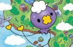  ._. black_eyes bridge building cloud day drifloon floating gen_4_pokemon house official_art outdoors pokemon pokemon_trading_card_game stairs third-party_source tree umemoto_kyouko water 